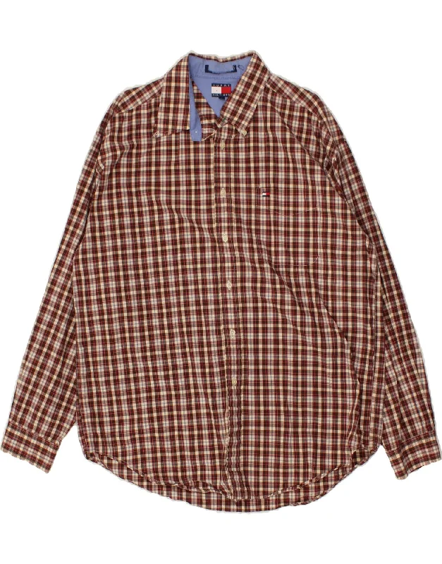 TOMMY HILFIGER Mens Shirt XL Maroon Check Cotton-- Collared T-Shirt Boat Neck A-Line TOMMY HILFIGER Mens Shirt XL Maroon Check Cotton-- Collared T-Shirt Boat Neck A-Line