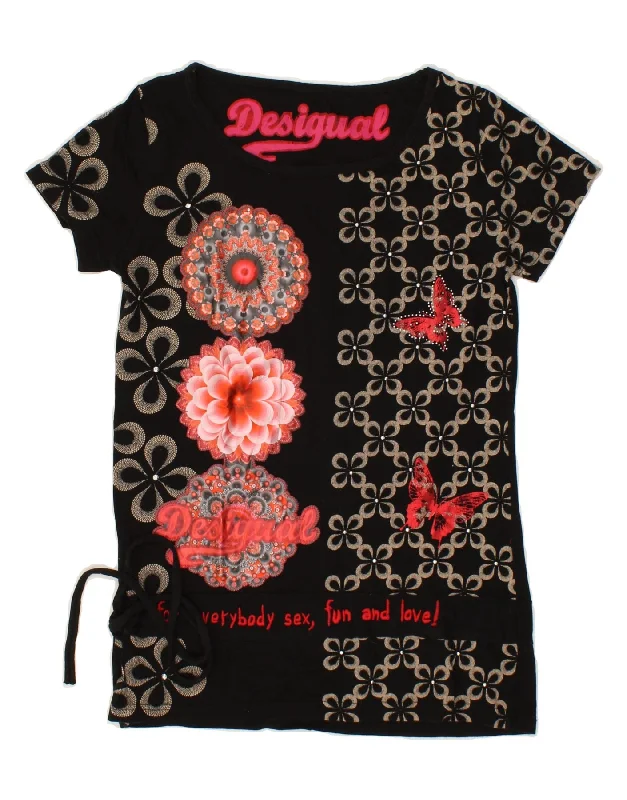 DESIGUAL Womens Graphic T-Shirt Top UK 12 Medium Black Floral-- Zippered Front Buttoned Front Snap Front DESIGUAL Womens Graphic T-Shirt Top UK 12 Medium Black Floral-- Zippered Front Buttoned Front Snap Front