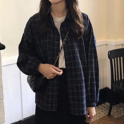 Wjczt 90s streetwear Plaid Shirt Chic Korean Style Loose Autumn New Preppy Style Lantern Sleeve Mid-Length Lapel Women's Shirt Fashion-- Elegant Classic Vintage Wjczt 90s streetwear Plaid Shirt Chic Korean Style Loose Autumn New Preppy Style Lantern Sleeve Mid-Length Lapel Women's Shirt Fashion-- Elegant Classic Vintage