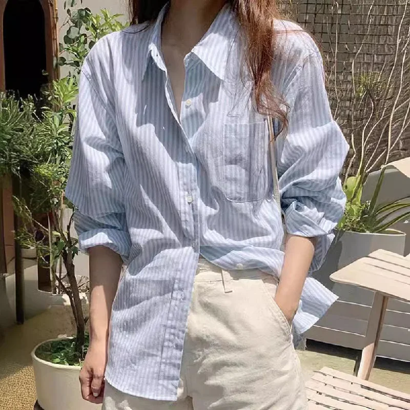 Wjczt Fall Outfits Blue Striped Boyfriend Style Shirt for Women 2024 New Spring Korean Style Long Sleeve Loose Slimming Casual Shirt-- Hooded Caped Shawl Collar Wjczt Fall Outfits Blue Striped Boyfriend Style Shirt for Women 2024 New Spring Korean Style Long Sleeve Loose Slimming Casual Shirt-- Hooded Caped Shawl Collar