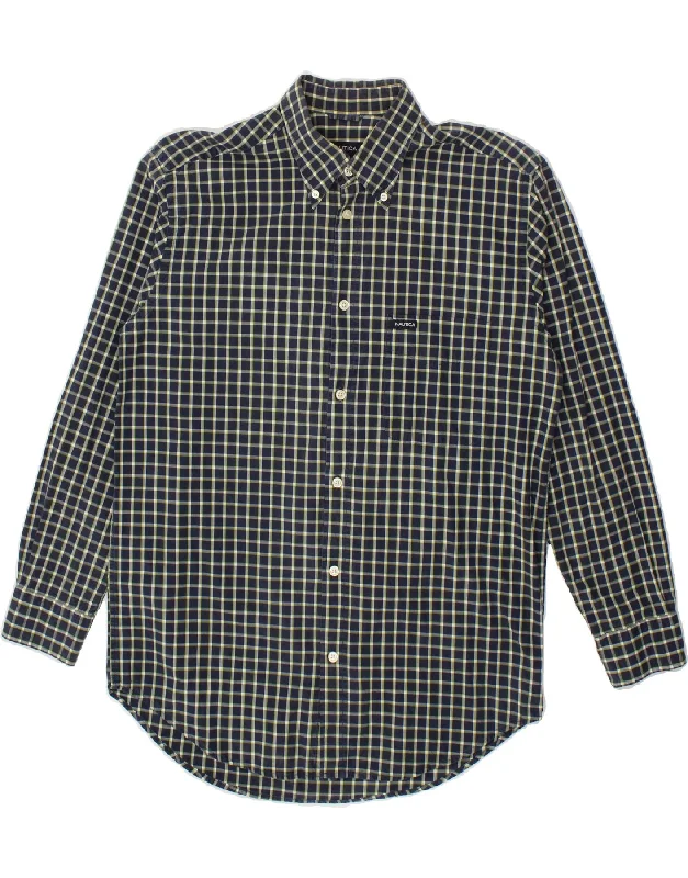 NAUTICA Mens Shirt Large Navy Blue Check Cotton-- Seamless Knitted Crochet