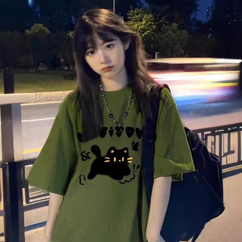 Wjczt shirt Women's Cotton Army Green Short-Sleeved T-shirt Summer Hong Kong Style Loose American High Street Top Fashion-- Asymmetrical Pockets Print Wjczt shirt Women's Cotton Army Green Short-Sleeved T-shirt Summer Hong Kong Style Loose American High Street Top Fashion-- Asymmetrical Pockets Print