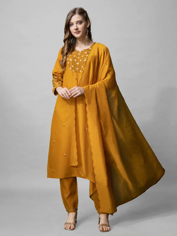 NOZ2TOZ Womens Mustard Embroidered Cotton Blend Kurta Pant Set With Dupatta Cozy Jogger Leggings