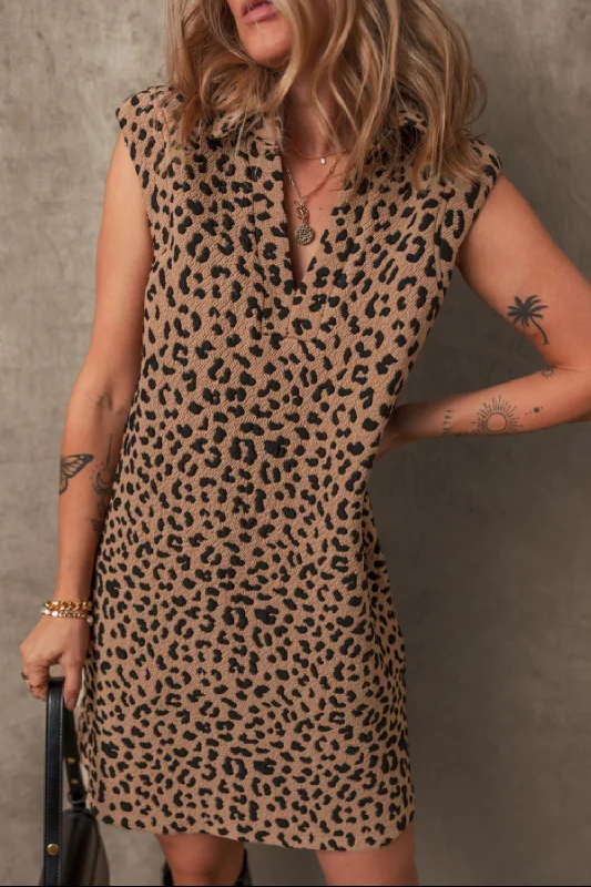 Leopard Johnny Collar Sleeveless Mini Dress Classic Solid Mini Dress