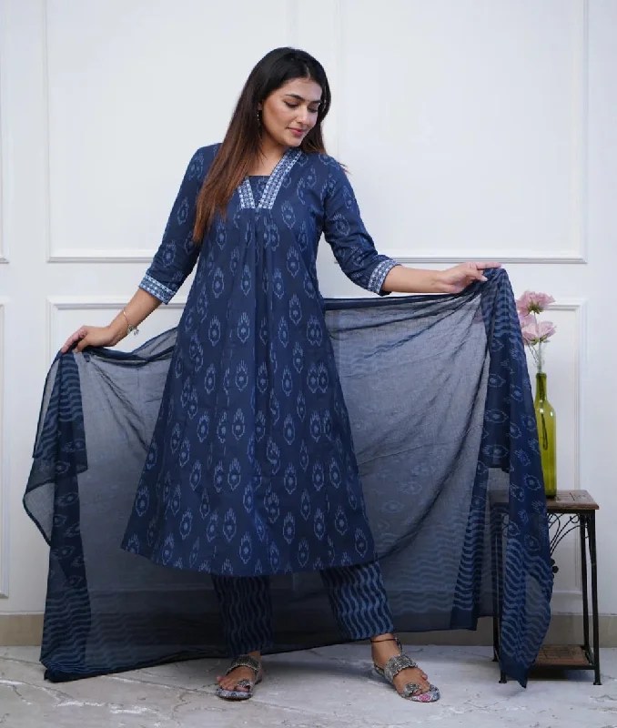 Indian Fashion Women Blue Anarkali Kurta And Pant Set With Dupatta Comfortable Denim Pants