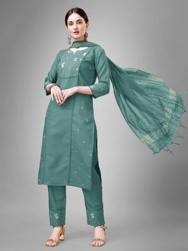 NOZ2TOZ Women Embroidered Cotton Blend Kurta Pant Dupatta Set - Teal Comfortable Denim Pants NOZ2TOZ Women Embroidered Cotton Blend Kurta Pant Dupatta Set - Teal Comfortable Denim Pants