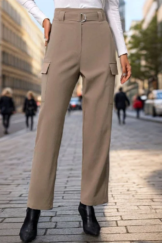 UNISHE - Khaki Side Pockets Straight Pants With Buckle Sash BFZY972: Khaki / XL Chic Faux Leather Pants UNISHE - Khaki Side Pockets Straight Pants With Buckle Sash BFZY972: Khaki / XL Chic Faux Leather Pants