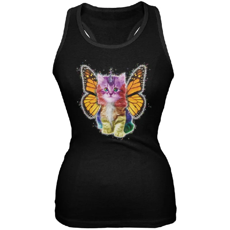 Rainbow Butterfly Unicorn Kitten Black Juniors Soft Tank Top halter tank top