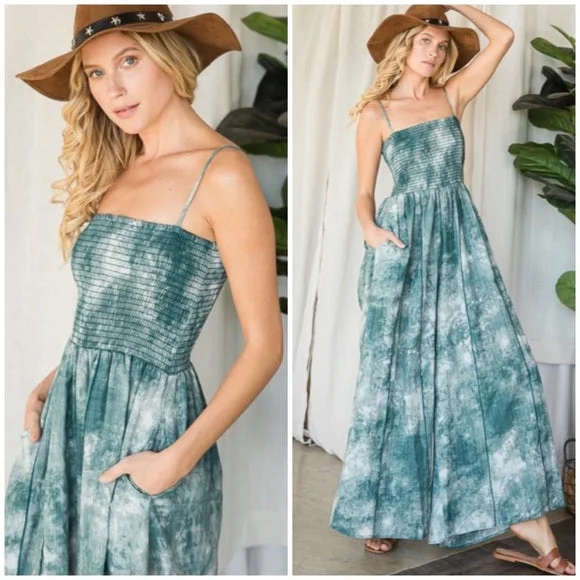 Green Tie Dye Wide Palazzo Flare Leg Smocked Bohemian Casual Jumpsuit w/ Pockets Off-shoulder wide leg jumpsuit, Trendy, Comfortable, Stylish