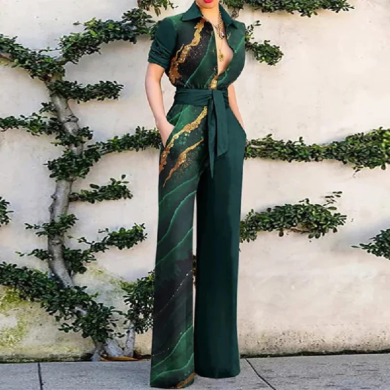 Women Printed Long Sleeve Lapel Loose Casual Jumpsuit Belted jumpsuit, Chic, Elegant, Comfortable Women Printed Long Sleeve Lapel Loose Casual Jumpsuit Belted jumpsuit, Chic, Elegant, Comfortable