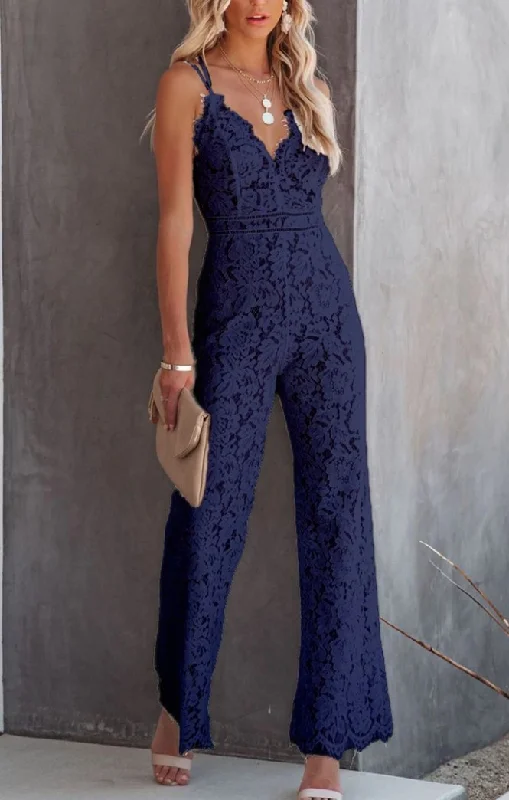 Women Solid Color Sling Lace Waist V-Neck Casual Wide Leg Jumpsuit Plunging back jumpsuit, Sexy, Trendy, Elegant Women Solid Color Sling Lace Waist V-Neck Casual Wide Leg Jumpsuit Plunging back jumpsuit, Sexy, Trendy, Elegant